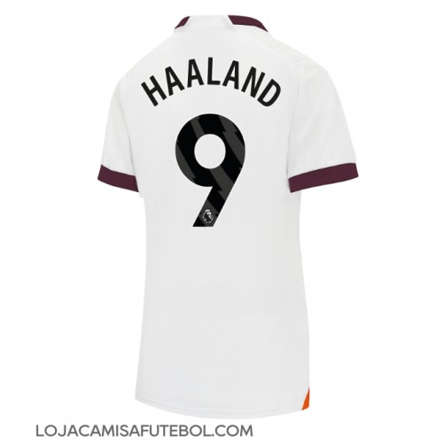 Camisa de Futebol Manchester City Erling Haaland #9 Equipamento Secundário Mulheres 2023-24 Manga Curta
